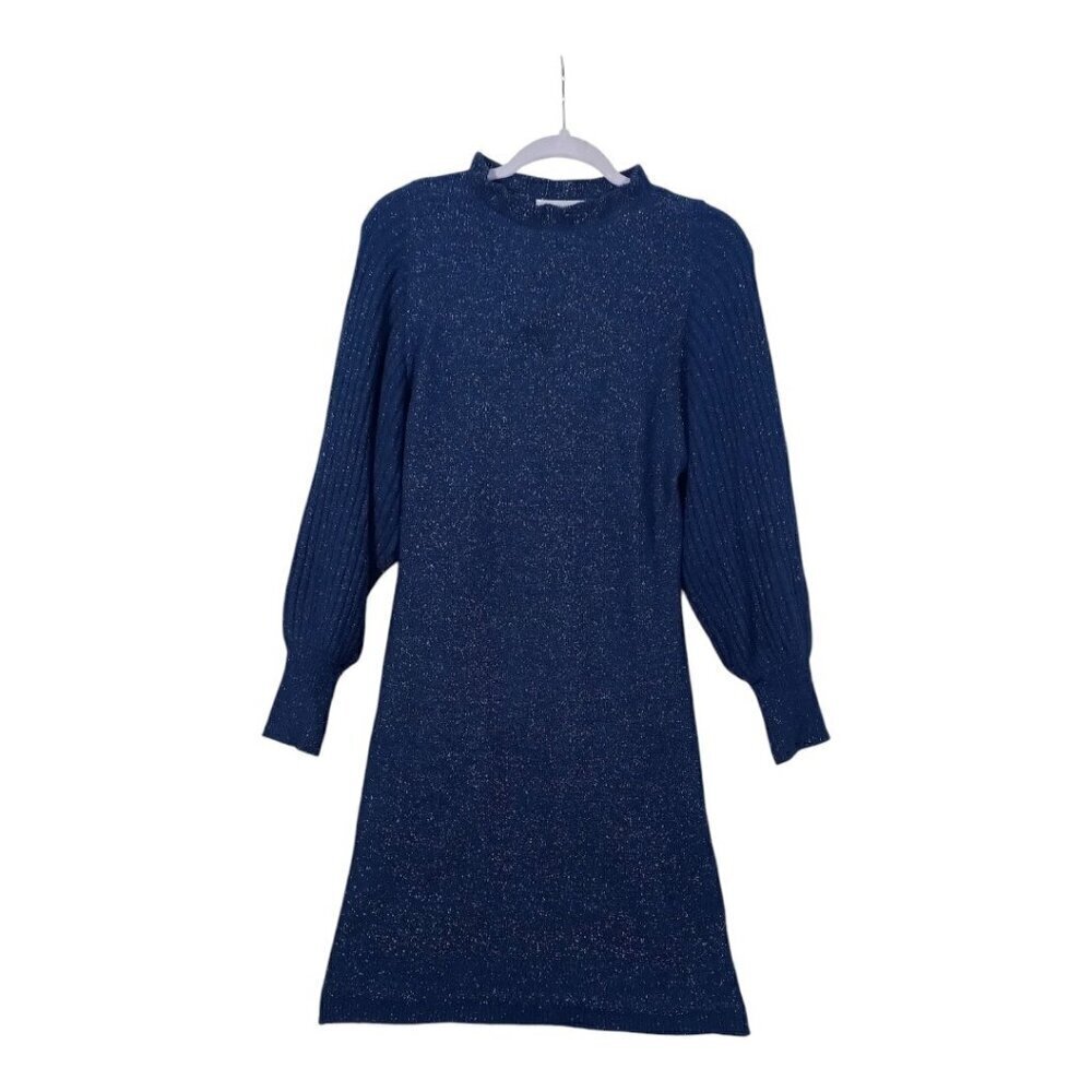 Nanette Lepore Women's Size M Blue Metallic Sweater Dress Balloon Sleeves Mock